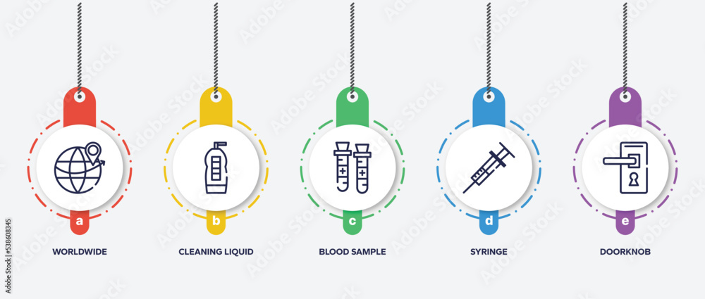 infographic element template with outline icons such as worldwide, cleaning liquid, blood sample, syringe, doorknob vector. infographic element template with outline icons such as worldwide, cleaning liquid, blood sample, syringe, doorknob vector.
