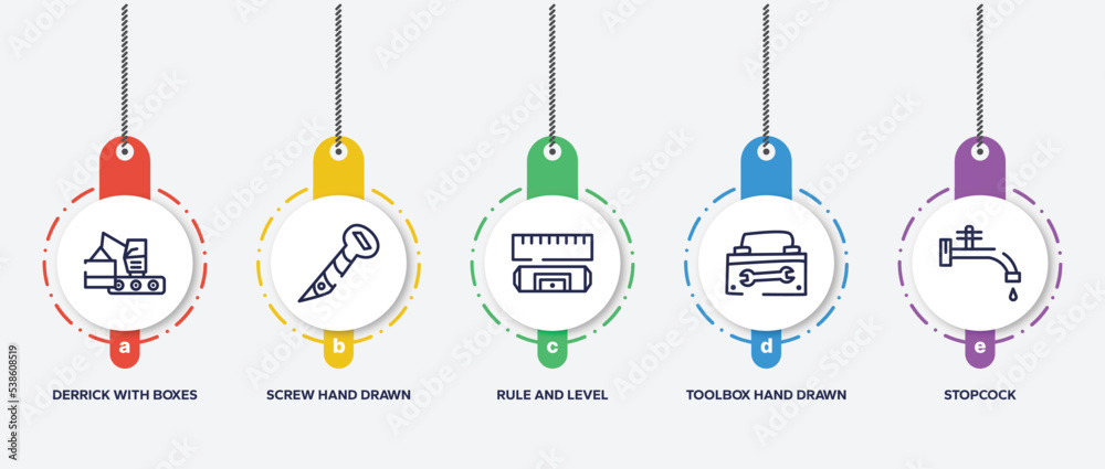 infographic element template with constructicons outline icons such as derrick with boxes, screw hand drawn tool, rule and level, toolbox hand drawn tool, stopcock vector. infographic element template with constructicons outline icons such as derrick with boxes, screw hand drawn tool, rule and level, toolbox hand drawn tool, stopcock vector.