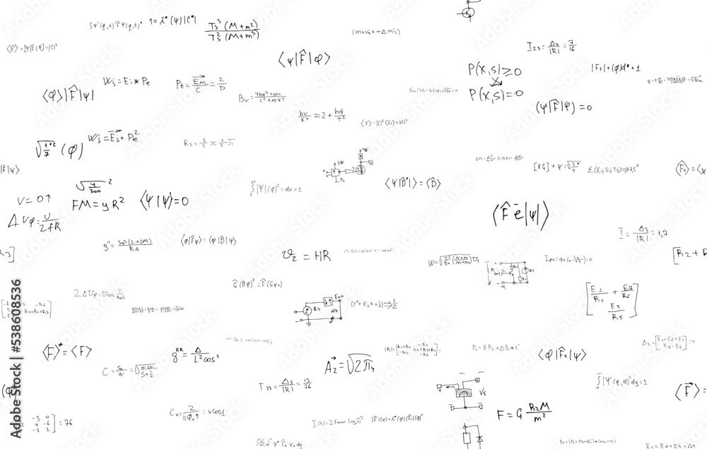 Formulas of astrophysics, quantum mechanics, radio circuits. Scientific, educational background on white. Hand drawn. Formulas of astrophysics, quantum mechanics, radio circuits. Scientific, educational background on white. Hand drawn.