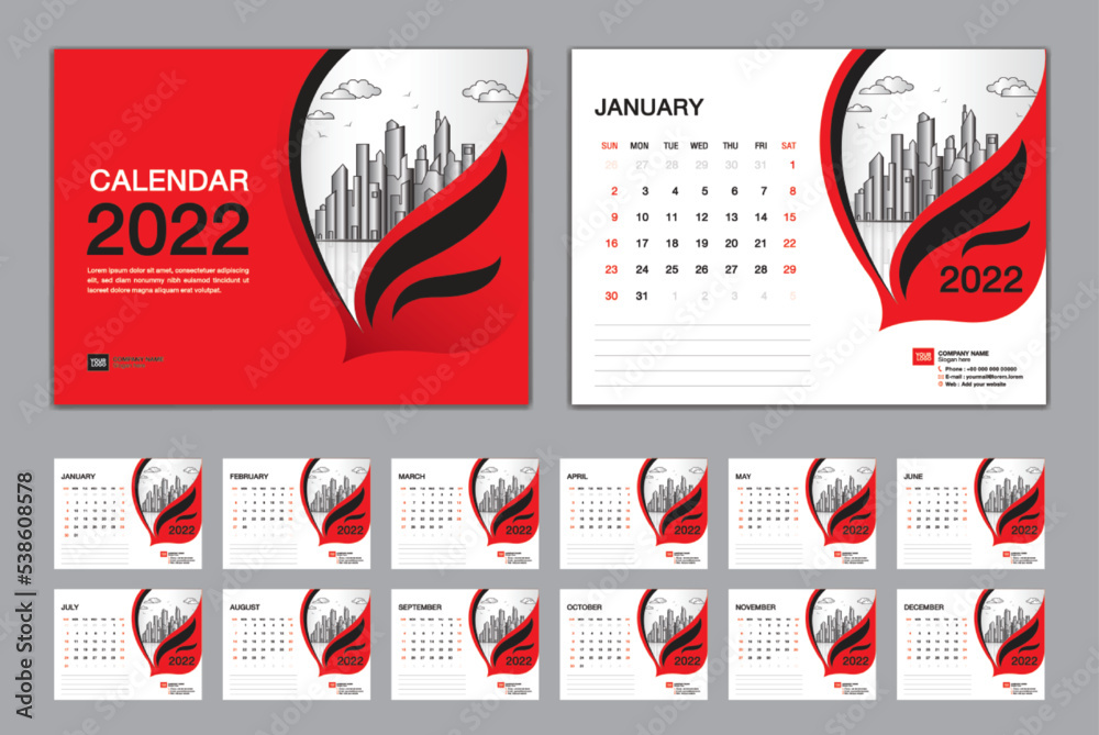 Calendar 2022 template set vector, Week starts Sunday, set of 12 month, Desk calendar 2022 year, wall calendar 2022 layout, business template, Stationery design, printing media, red cover design Calendar 2022 template set vector, Week starts Sunday, set of 12 month, Desk calendar 2022 year, wall calendar 2022 layout, business template, Stationery design, printing media, red cover design