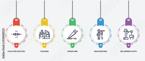 infographic element template with constructicons outline icons such as plug for electric connection, toolbox, wood saw, man painting, big derrick with boxes vector.