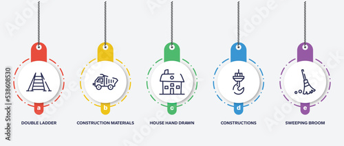 infographic element template with constructicons outline icons such as double ladder, construction materials transport, house hand drawn building, constructions, sweeping broom vector.