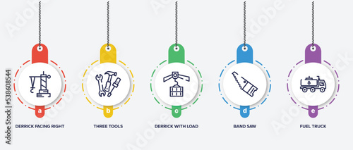 infographic element template with constructicons outline icons such as derrick facing right, three tools, derrick with load, band saw, fuel truck vector.
