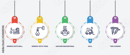 infographic element template with constructicons outline icons such as derrick with ball, derrick with tong, anchor navigational tool, null, two screws vector.