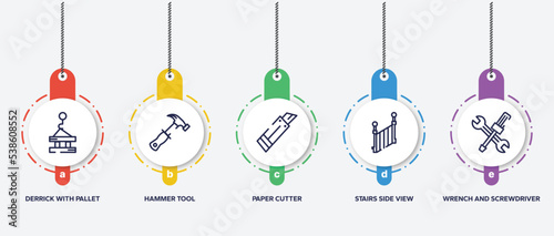 infographic element template with work tools outline icons such as derrick with pallet, hammer tool, paper cutter, stairs side view, wrench and screwdriver cross vector.