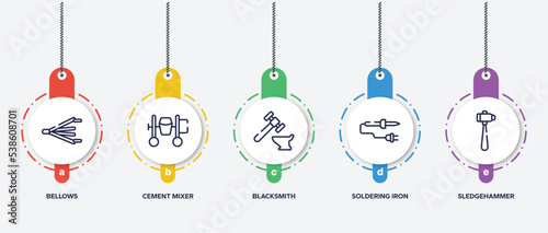 infographic element template with construction outline icons such as bellows, cement mixer, blacksmith, soldering iron, sledgehammer vector.
