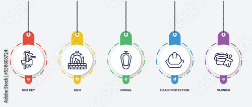 infographic element template with carpentry outline icons such as hex key, kiln, urinal, head protection, varnish vector.