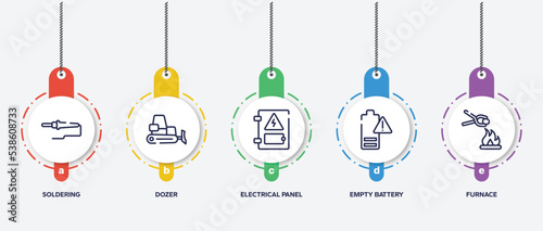 infographic element template with mining and crafting outline icons such as soldering, dozer, electrical panel, empty battery, furnace vector.