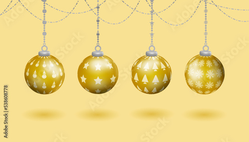 gold realistic hanging ball christmas decoration set, with various patterns of christmas symbols, christmas tree, snowman, stars, snowflakes