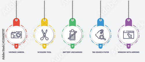 infographic element template with computer and media outline icons such as vintage camera, scissors tool, battery uncharged, tag search filter, window with arrows vector.
