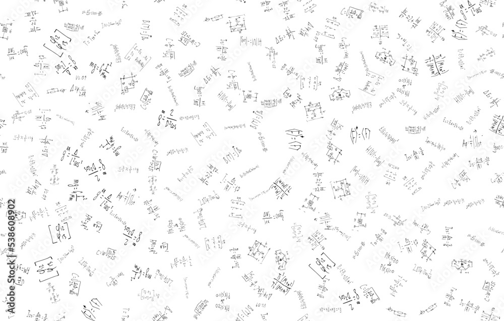 Formulas of astrophysics, quantum mechanics, radio circuits. Scientific, educational background on white. Hand drawn. Formulas of astrophysics, quantum mechanics, radio circuits. Scientific, educational background on white. Hand drawn.