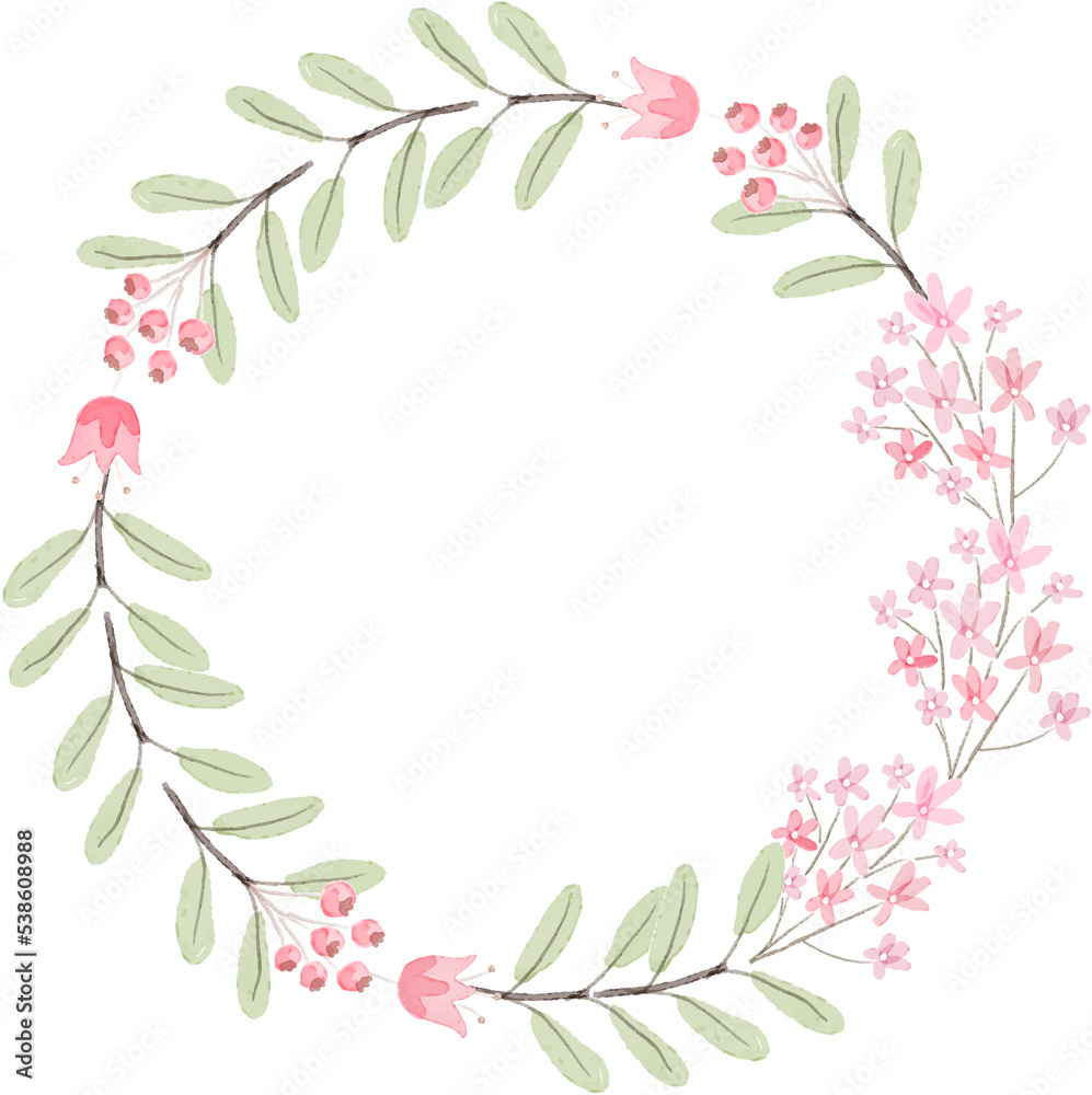 watercolor pink flowers wreath for wedding or valentines day