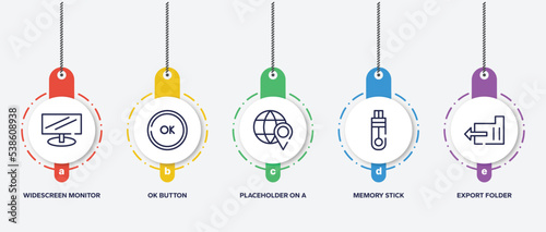 infographic element template with computer icons outline icons such as widescreen monitor, ok button, placeholder on a globe, memory stick, export folder vector.