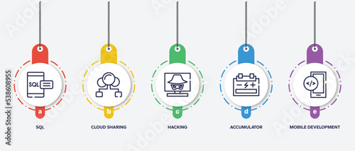 infographic element template with web design outline icons such as sql, cloud sharing, hacking, accumulator, mobile development vector.