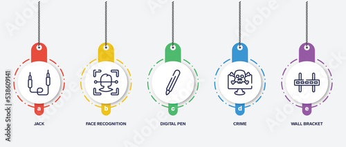 infographic element template with television outline icons such as jack, face recognition, digital pen, crime, wall bracket vector.