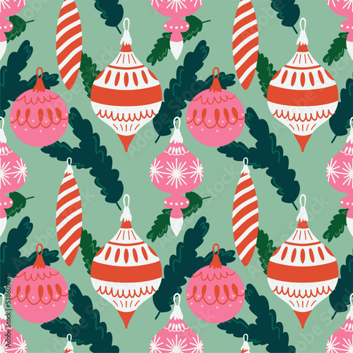 Christmas and Happy New Year, seamless pattern with Christmas toys and fir branches. Fashion retro style. Vector design.