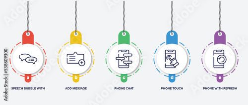 infographic element template with smartphones outline icons such as speech bubble with ellipsis, add message, phone chat, phone touch, phone with refresh arrows vector.