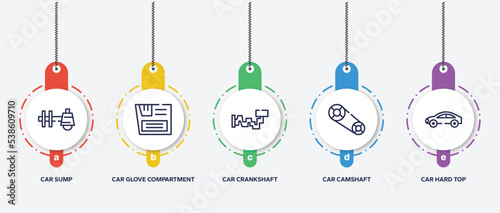 infographic element template with car parts outline icons such as car sump, car glove compartment, crankshaft, camshaft, hard top vector.
