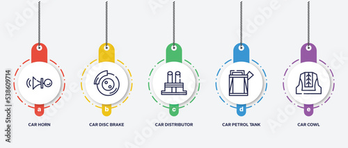 infographic element template with car parts outline icons such as car horn, car disc brake, distributor cap, petrol tank, cowl vector.