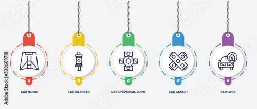 infographic element template with car parts outline icons such as car hood, car silencer, universal joint, gasket, lock vector.