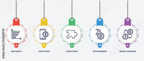 infographic element template with business financial outline icons such as bar graph, stock price, puzzle piece, bitcoin mining, money exchange vector.
