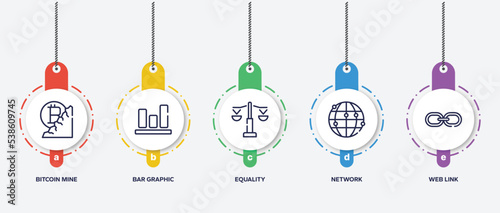 infographic element template with seo and business outline icons such as bitcoin mine, bar graphic, equality, network, web link vector.