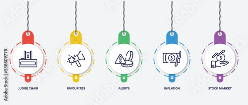 infographic element template with investing outline icons such as judge chair, favourites, alerts, inflation, stock market vector.