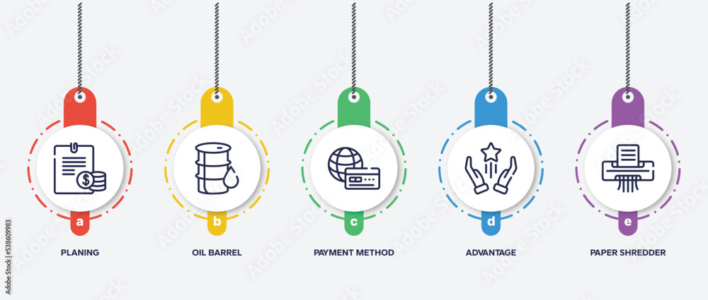 infographic element template with office outline icons such as planing, oil barrel, payment method, advantage, paper shredder vector. infographic element template with office outline icons such as planing, oil barrel, payment method, advantage, paper shredder vector.