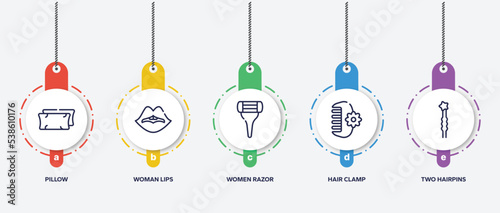 infographic element template with beautiful outline icons such as pillow, woman lips, women razor, hair clamp, two hairpins vector.