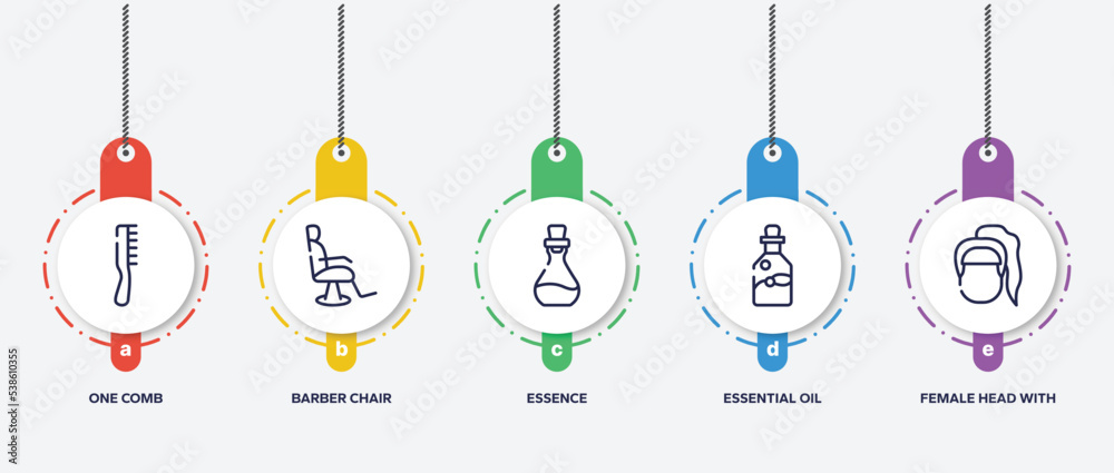 infographic element template with hair salon outline icons such as one comb, barber chair, essence, essential oil, female head with ponytail vector. infographic element template with hair salon outline icons such as one comb, barber chair, essence, essential oil, female head with ponytail vector.