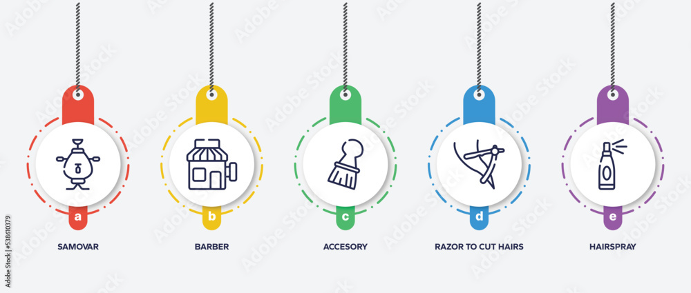infographic element template with hairdressing and barber outline icons such as samovar, barber, accesory, razor to cut hairs, hairspray vector. infographic element template with hairdressing and barber outline icons such as samovar, barber, accesory, razor to cut hairs, hairspray vector.