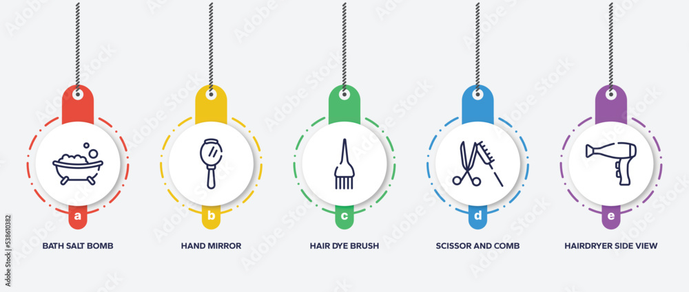 infographic element template with hair salon outline icons such as bath salt bomb, hand mirror, hair dye brush, scissor and comb, hairdryer side view vector. infographic element template with hair salon outline icons such as bath salt bomb, hand mirror, hair dye brush, scissor and comb, hairdryer side view vector.