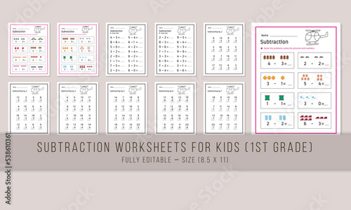 Subtraction worksheet teaching material template design