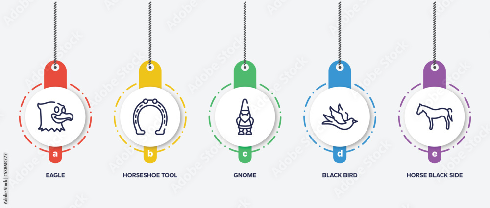 infographic element template with horses outline icons such as eagle, horseshoe tool, gnome, black bird, horse black side shape vector. infographic element template with horses outline icons such as eagle, horseshoe tool, gnome, black bird, horse black side shape vector.