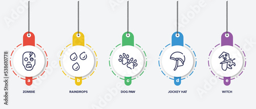 infographic element template with halloween outline icons such as zombie, raindrops, dog paw, jockey hat, witch vector.