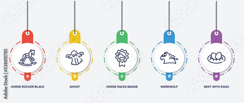 infographic element template with birds pack outline icons such as horse rocker black, ghost, horse races badge, werewolf, nest with eggs vector.
