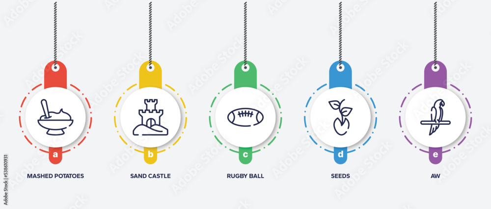 infographic element template with animals outline icons such as mashed potatoes, sand castle, rugby ball, seeds, aw vector.