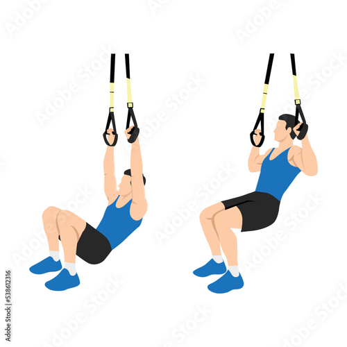Man doing TRX Suspension strap rows or suspension trainer lat pull up exercise. Flat vector illustration isolated on white background