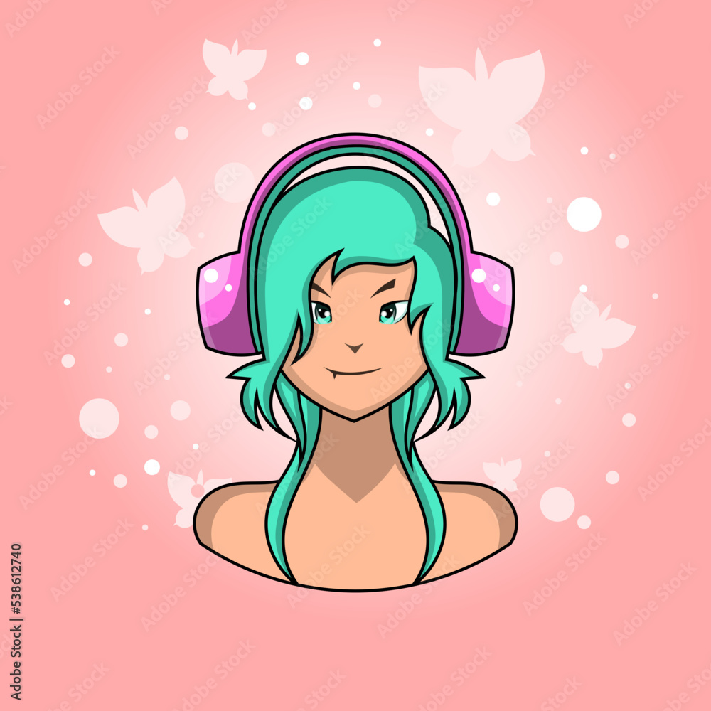 Cute girl character icon listening to music.Anime-style illustration.Isolated on pink background.