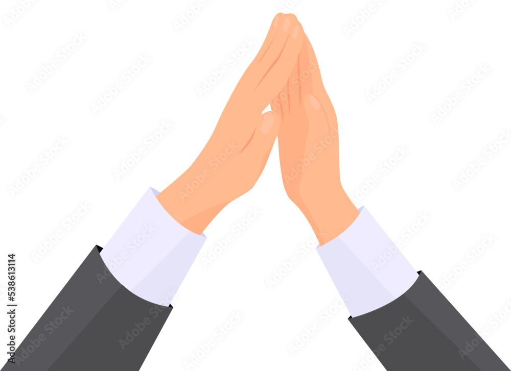 Clapping palm against palm between two people in business suit. Agreement gesture. White background. Vector illustration. Clapping palm against palm between two people in business suit. Agreement gesture. White background. Vector illustration.