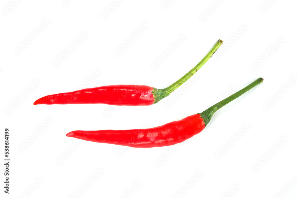 Red hot chili on white background, two fresh chili