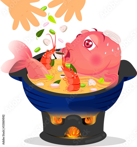 fish hotpot, red snapper steamboat, red bream stew, seafood hot soup, asian cuisine soup food vector set