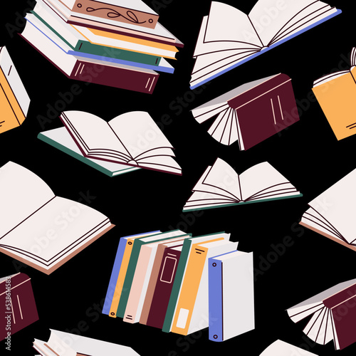 Stacks of books for reading, pile of textbooks for education. Seamless pattern with literature, encyclopedias, planners with bookmarks. Colored flat vector illustration isolated on black background