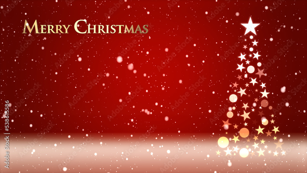 クリスマスツリーと色のついた背景に雪が舞い、クリスマスの文字 クリスマスツリーと色のついた背景に雪が舞い、クリスマスの文字