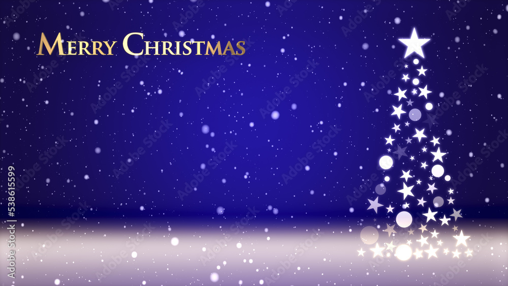 Fototapeta premium クリスマスツリーと色のついた背景に雪が舞い、クリスマスの文字