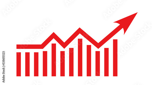Red growing up arrow sign isolated on white background. Bar charts and graph. Rising price. Inflation concept. Finance and Economy. Graphic statistics. Financial planning and markets. Infographic.