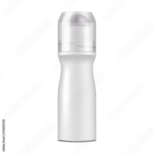 Body antiperspirant deodorant roll-on plastic bottle with clear screw cap realistic vector mockup. White blank cosmetic container mock-up. Template for design