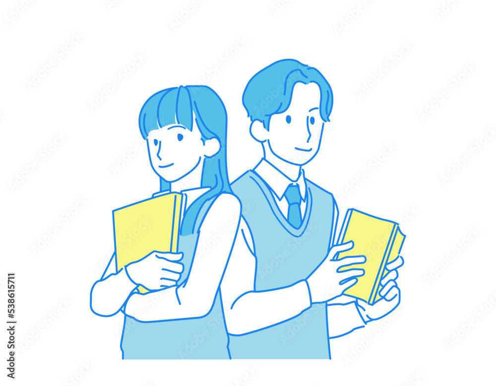 本を手に背中合わせでポーズする制服の男の子と女の子(長袖・ベスト) 本を手に背中合わせでポーズする制服の男の子と女の子(長袖・ベスト)