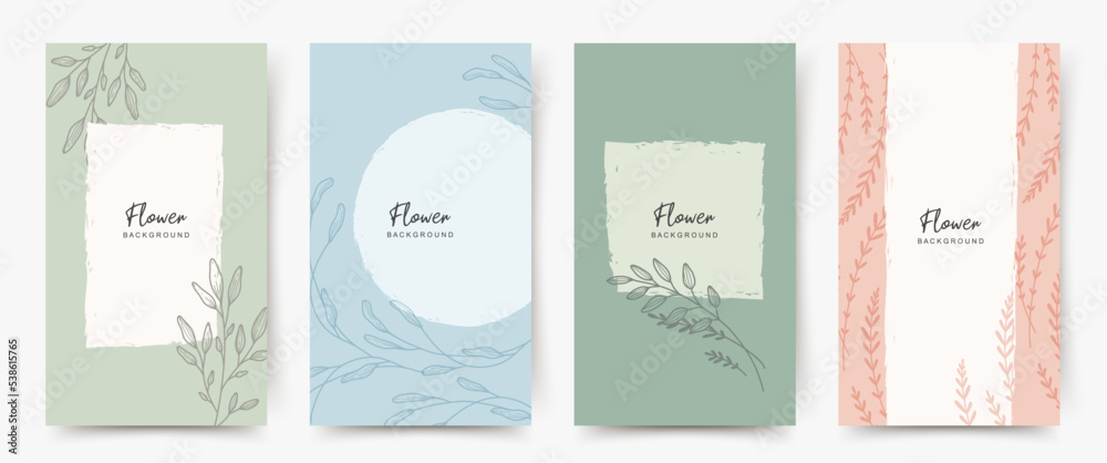 Fototapeta premium Background with minimal hand drawn flower elements in line art style. Floral frame. Editable vector banner for social media post, card, cover, wedding invitation, poster, mobile apps, web ads