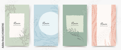 Background with minimal hand drawn flower elements in line art style. Floral frame. Editable vector banner for social media post, card, cover, wedding invitation,
poster, mobile apps, web ads